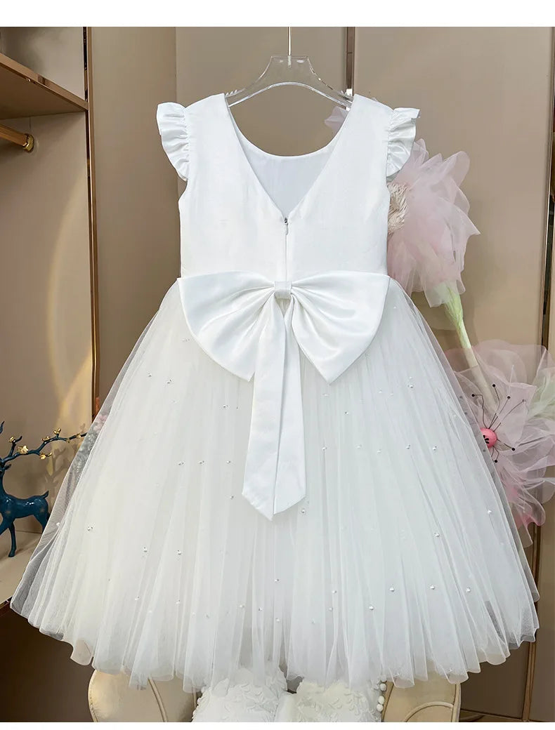 Flower Girl Dresses Birthday Tulle Dress Backless Bow Wedding Gown Kids Party Wear Princess Pink Baby Bowknot Toddler