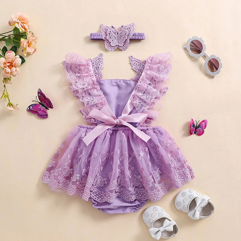 Infant Baby Girls Princess Rompers Dress Lace Butterfly Fly Sleeve Mesh Skirt Hem Jumpsuits with Headband Birthday Party Outfit