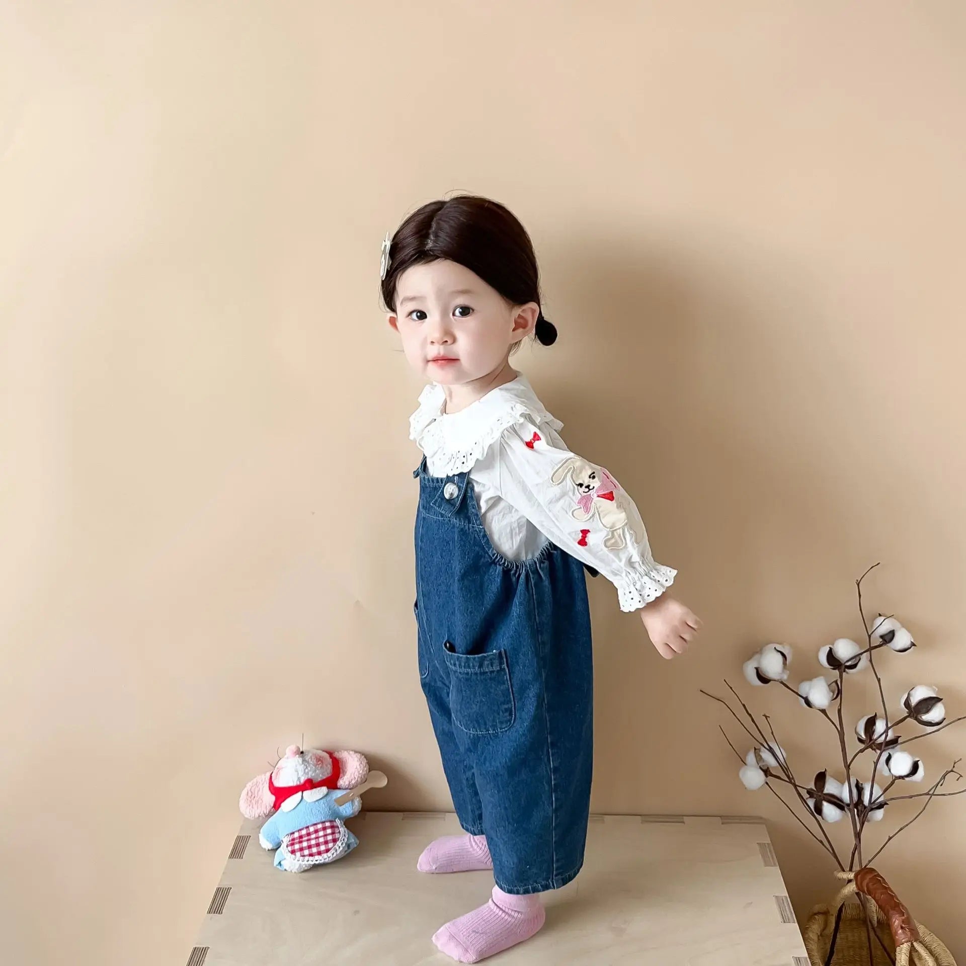 2025 Autumn New Baby Girl Sleeveless Denim Jumpsuit Toddler Girl Cute Rabbit Ear Overalls Infant Romper Kids Clothes 0-24M