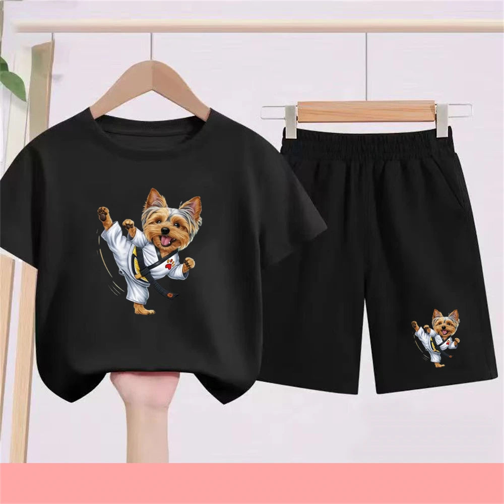 Kidsclick Kids’ Yorkie Dog Cartoon T-Shirt & Shorts Set – Summer 2-Piece Casual Outfit (Boys & Girls)