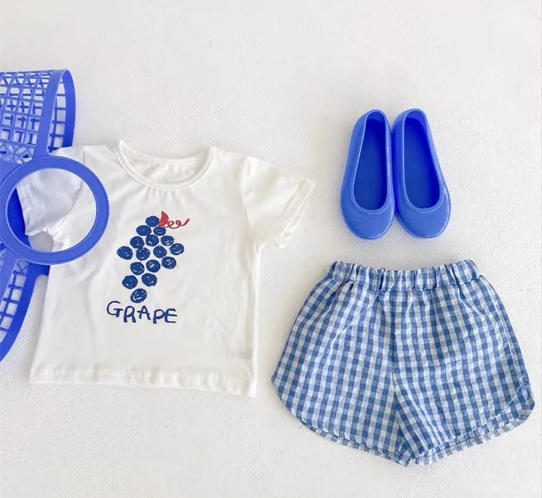 Kidsclick Baby Girl Fruit Print T-Shirt & Plaid Shorts Set – 2 Piece Summer Outfit