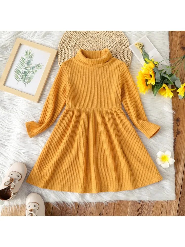 Toddler Girl Turtleneck Solid Color Ribbed Long-sleeve Dress