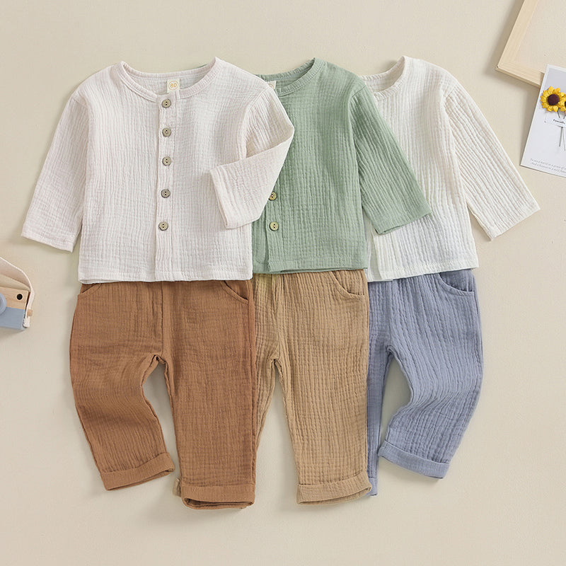 VISgogo 2pcs Kids Baby Boys Outfit Button Down Long Sleeve T-shirt with Solid Color Long Pants Linen Spring Fall Outfit