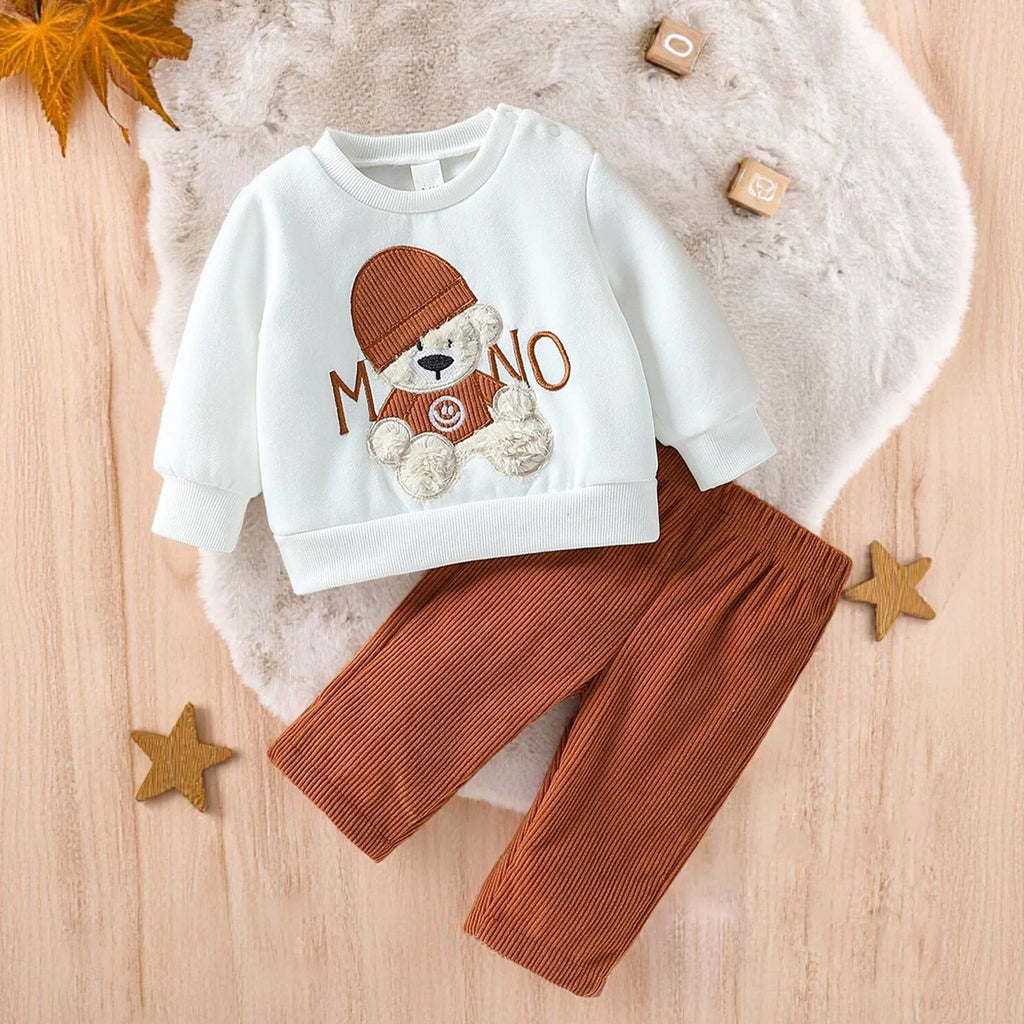 2025 Baby Boys Autumn /Winter Outfits Sets Embroidery Letter Cartoon Bear Sweater Top &Pants 2pcs Cute Toddler Clothing Casual