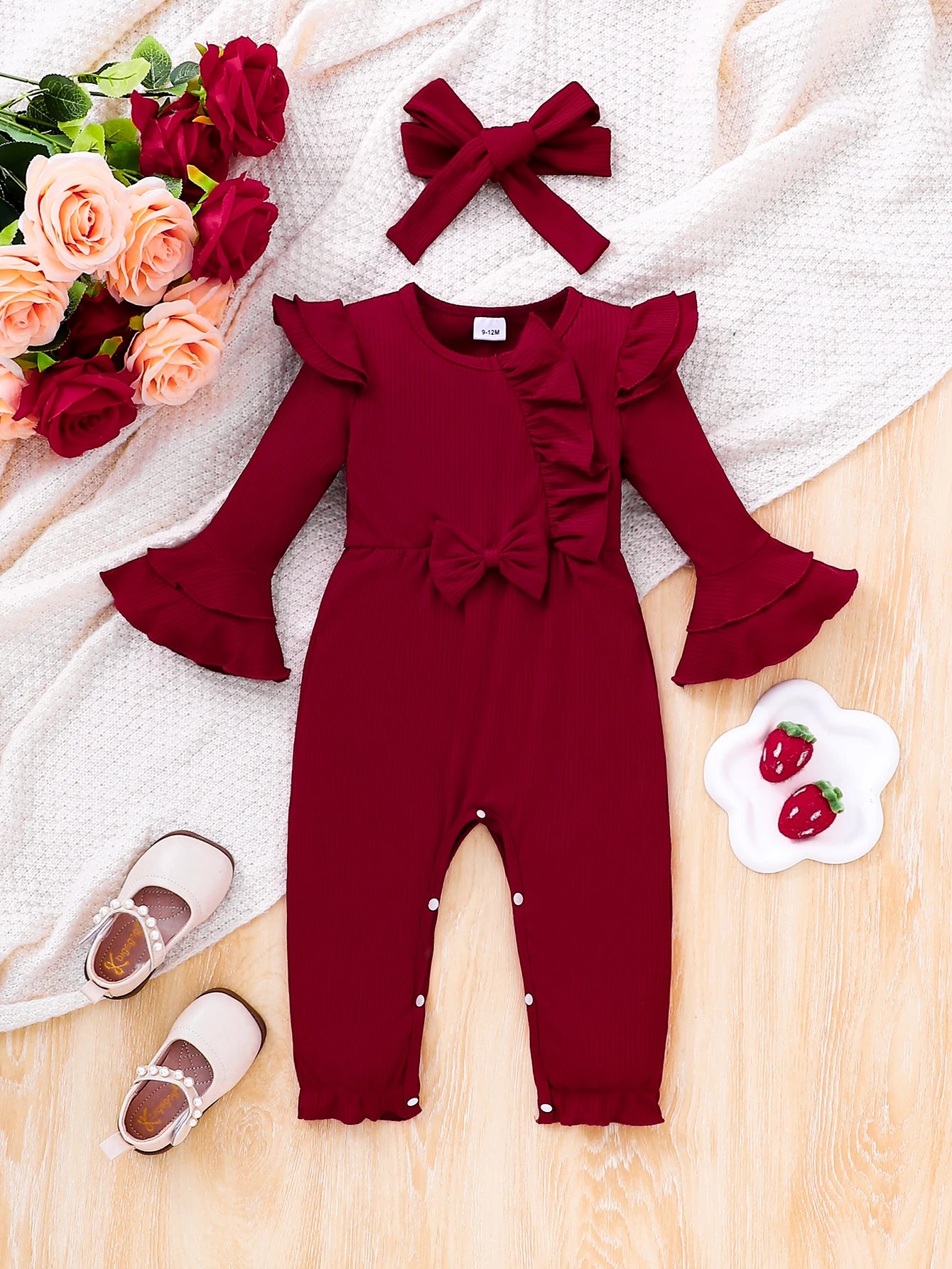Spring Autumn Pink Baby Girl Romper with Ruffle Sleeves And Headscarf for Infants And Toddlers