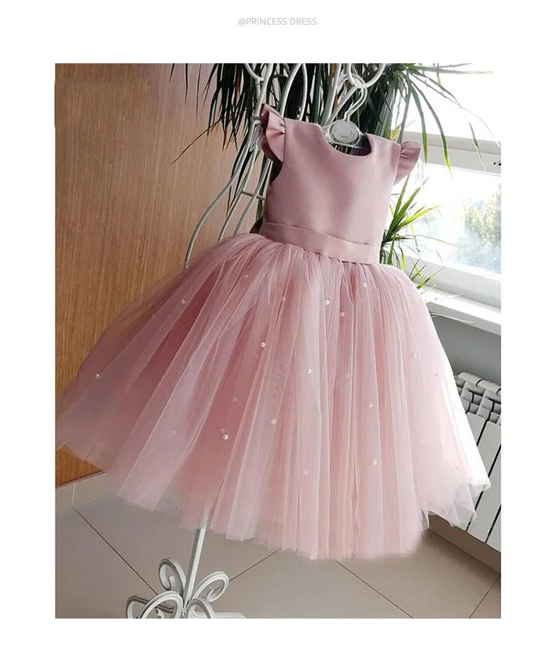 Flower Girl Dresses Birthday Tulle Dress Backless Bow Wedding Gown Kids Party Wear Princess Pink Baby Bowknot Toddler