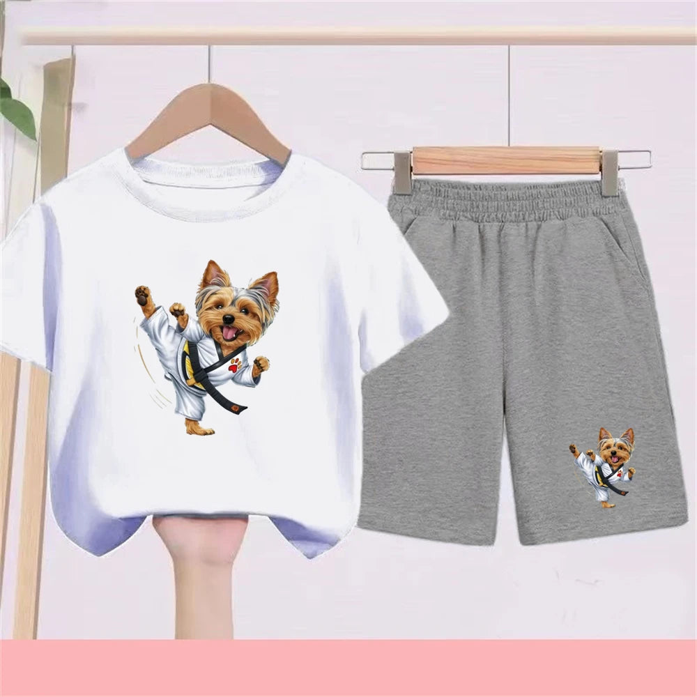 Kidsclick Kids’ Yorkie Dog Cartoon T-Shirt & Shorts Set – Summer 2-Piece Casual Outfit (Boys & Girls)