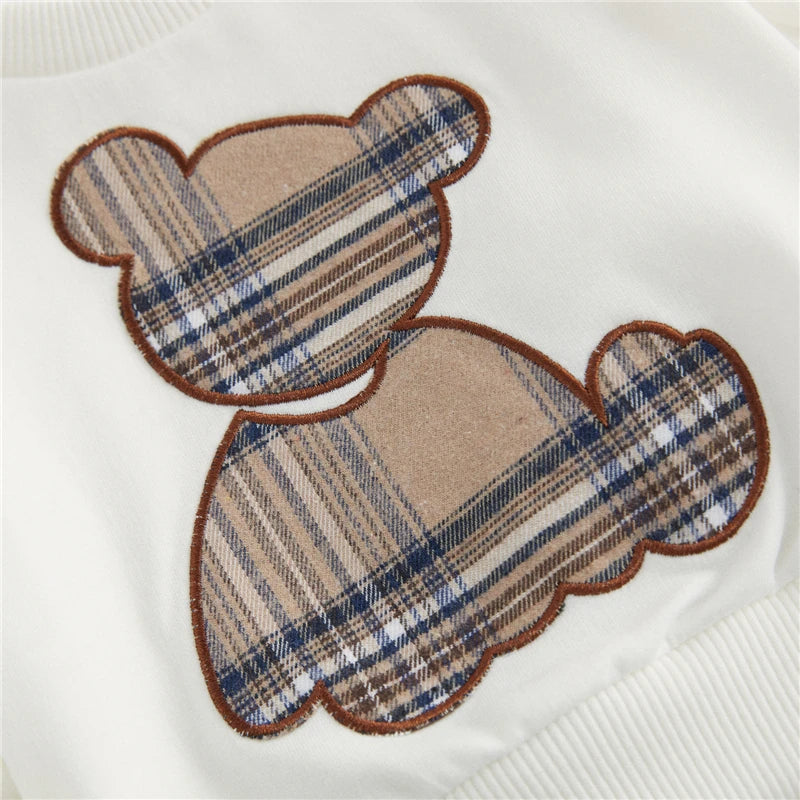 VISgogo Baby Girl Boy Clothes Spring Fall Outfits Long Sleeve Plaid Bear Sweatshirt Tops and Pants 2Pcs Casual Tracksuits