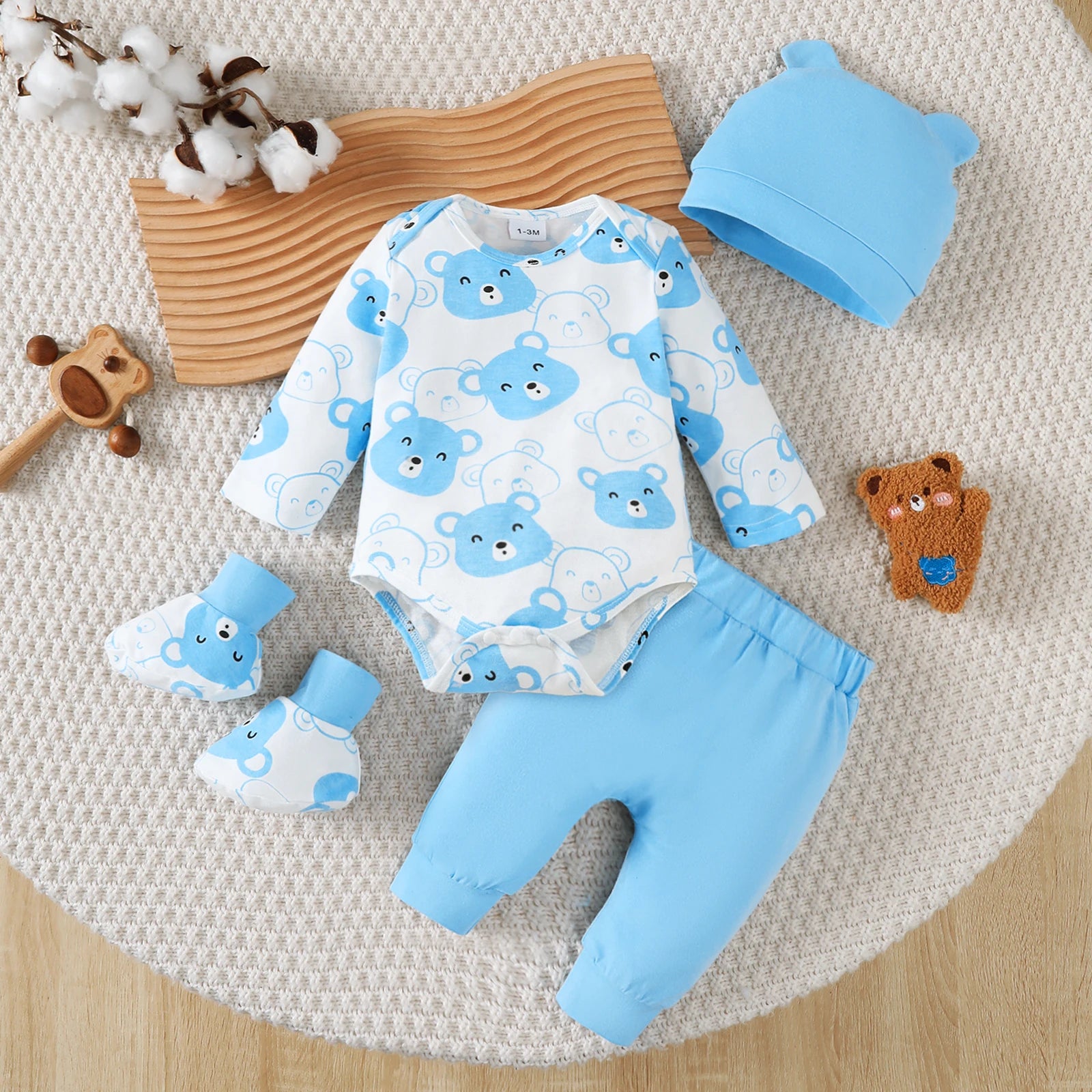 0-9 Months Baby Boy Set Little Bear Long Sleeve Bodysuit+Pants+Hat+Socks 4pcs/Set Baby Spring Autumn clothing Newborn