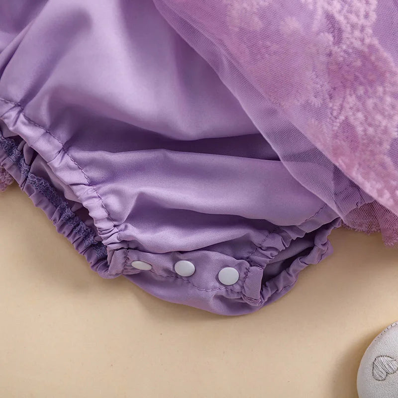 Infant Baby Girls Princess Rompers Dress Lace Butterfly Fly Sleeve Mesh Skirt Hem Jumpsuits with Headband Birthday Party Outfit