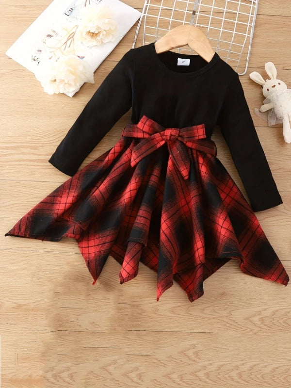 "Kids' Retro Plaid Dress | Black & Red Color Block with Big Bow Waist - Asymmetrical Hem Long-Sleeve Princess Dress"