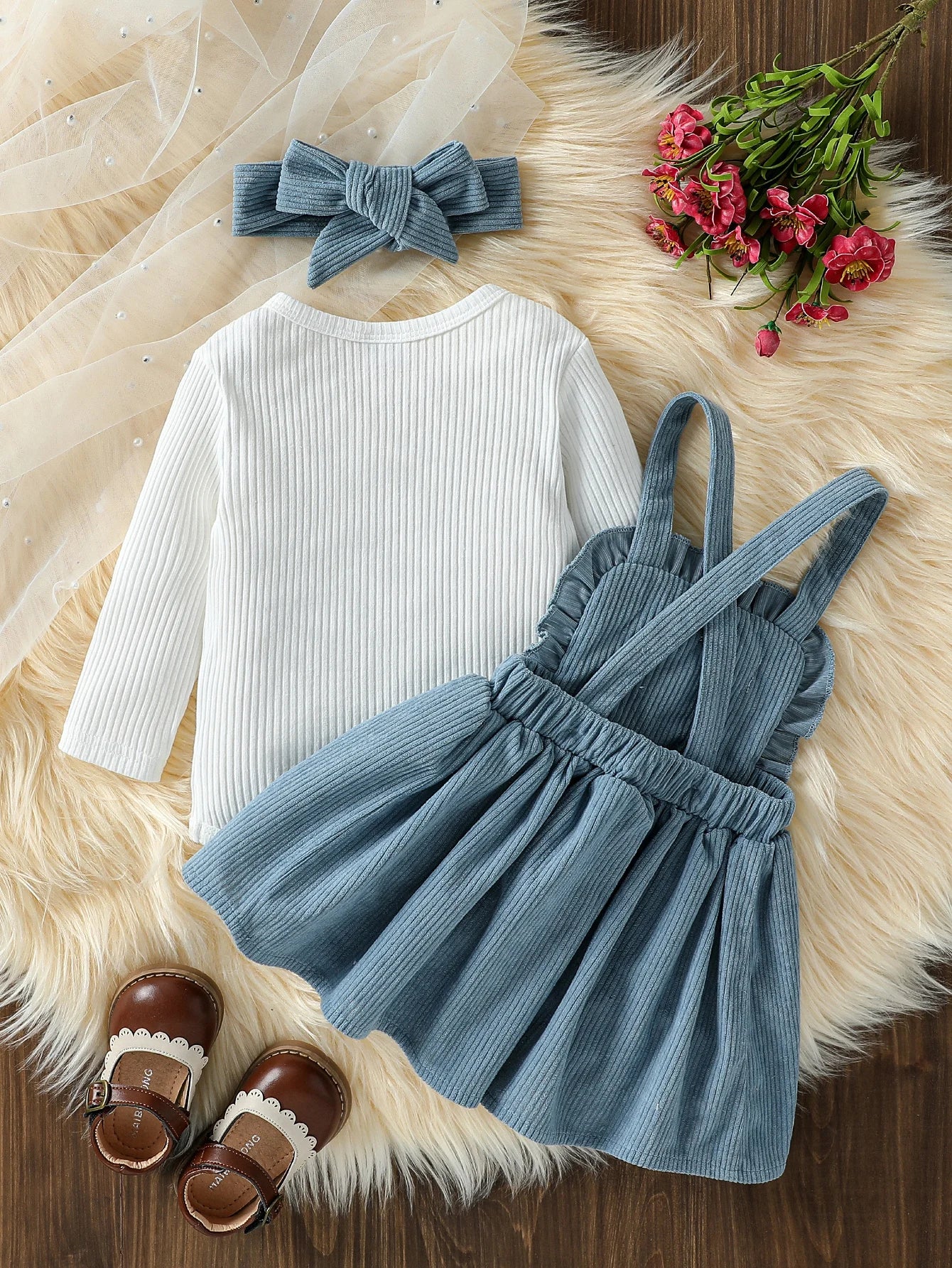 Baby Girls Autumn Outfit Long Sleeves Rompers and Crochet Flowers Suspender Skirt 3 Piece Cute Casual Clothes Set +Headband