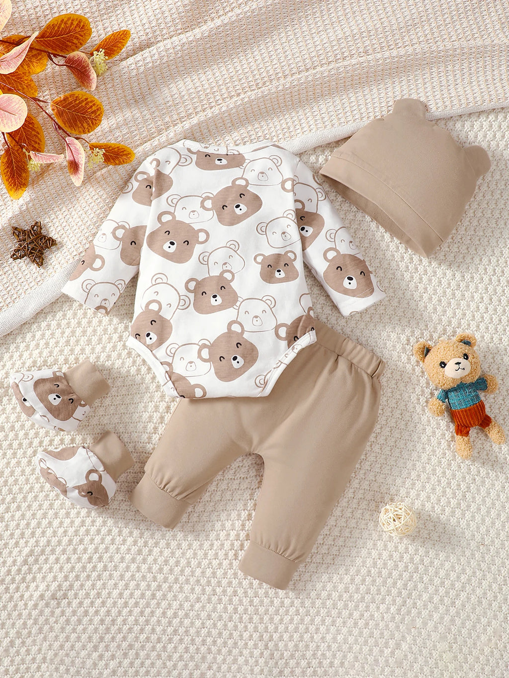 0-9 Months Baby Boy Set Little Bear Long Sleeve Bodysuit+Pants+Hat+Socks 4pcs/Set Baby Spring Autumn clothing Newborn
