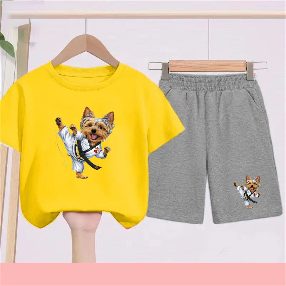 Kidsclick Kids’ Yorkie Dog Cartoon T-Shirt & Shorts Set – Summer 2-Piece Casual Outfit (Boys & Girls)