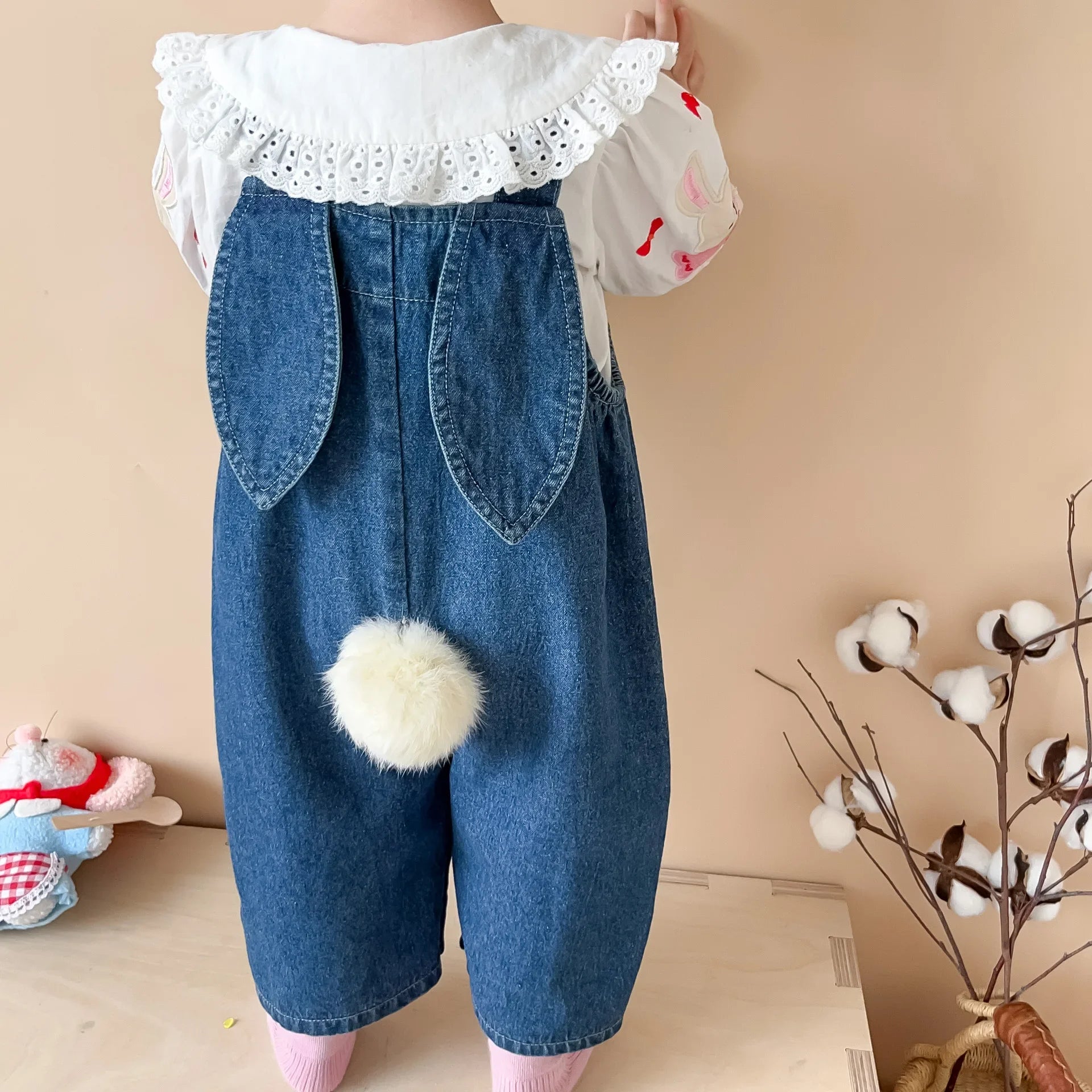 2025 Autumn New Baby Girl Sleeveless Denim Jumpsuit Toddler Girl Cute Rabbit Ear Overalls Infant Romper Kids Clothes 0-24M