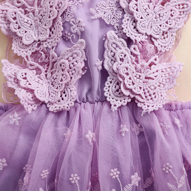 Infant Baby Girls Princess Rompers Dress Lace Butterfly Fly Sleeve Mesh Skirt Hem Jumpsuits with Headband Birthday Party Outfit