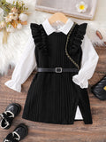 Girls Fashion Casual Dress Set Spring Autumn White Lapel Flower Sleeve Shirt Solid Color Knitted Wing Sleeve Dress