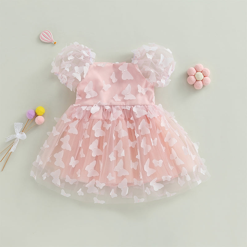 Kidsclick Baby Girl Princess A-Line Dress – Puff Sleeve Tulle Layered Dress with 3D Flower & Butterfly for Party & Birthday