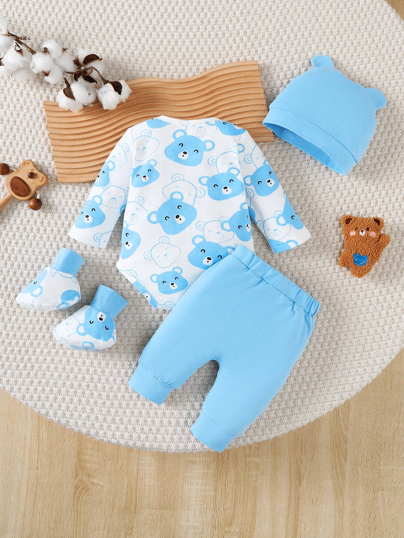 0-9 Months Baby Boy Set Little Bear Long Sleeve Bodysuit+Pants+Hat+Socks 4pcs/Set Baby Spring Autumn clothing Newborn