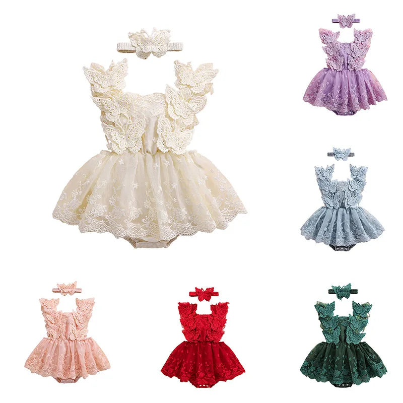 Infant Baby Girls Princess Rompers Dress Lace Butterfly Fly Sleeve Mesh Skirt Hem Jumpsuits with Headband Birthday Party Outfit