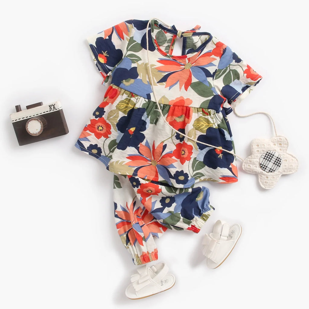 Fashion Flower Summer Children Sets Cotton Infants Girls Princess Clothes 2Pcs