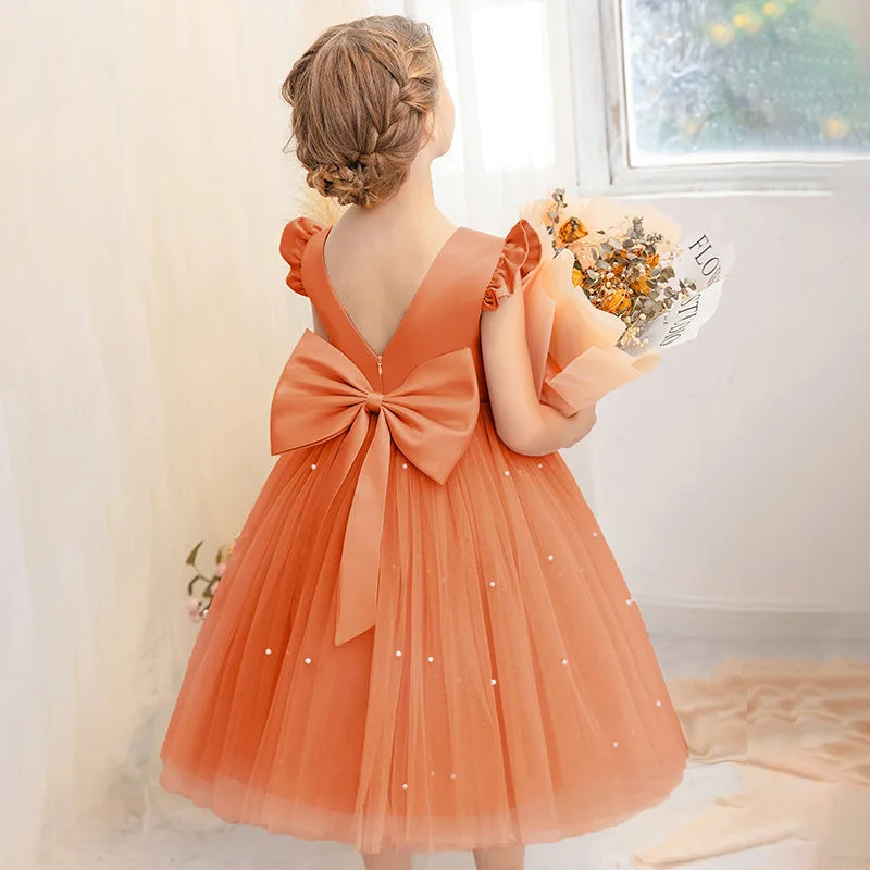 Flower Girl Dresses Birthday Tulle Dress Backless Bow Wedding Gown Kids Party Wear Princess Pink Baby Bowknot Toddler