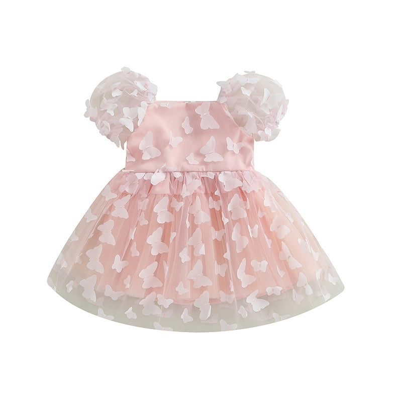 Kidsclick Baby Girl Princess A-Line Dress – Puff Sleeve Tulle Layered Dress with 3D Flower & Butterfly for Party & Birthday