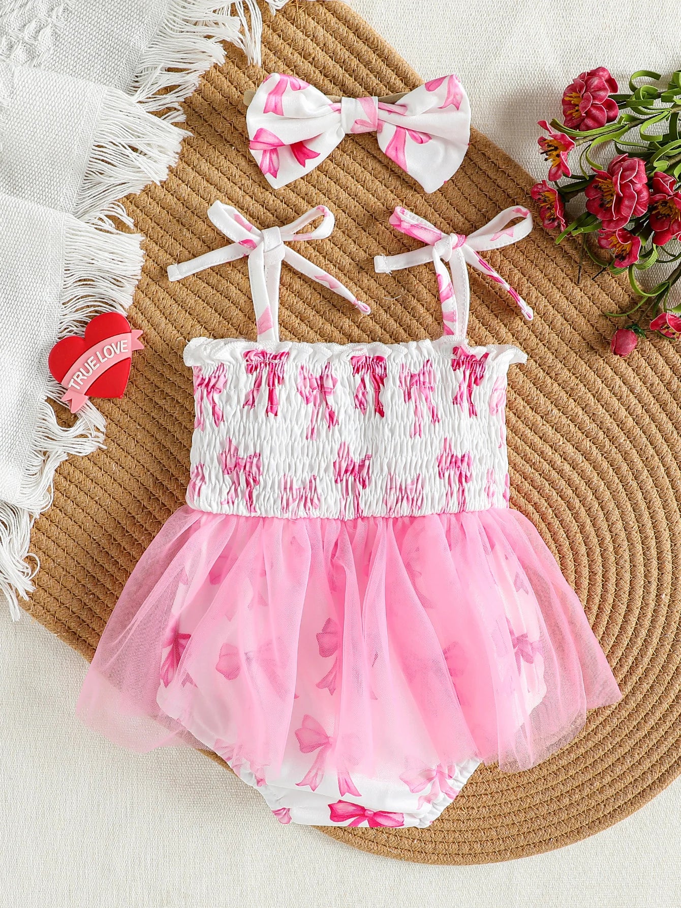 Kidsclick 2-Piece Newborn Baby Girl Romper Set – Sleeveless Tulle Skirt Jumpsuits with Bow & Headband
