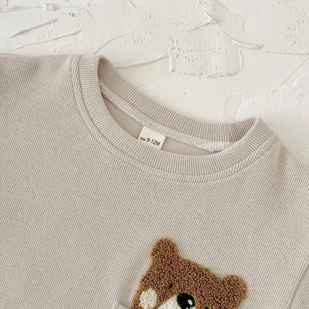 Korean Style Baby Boy Girl Clothes Set Breathable Fabric Bear Embroidery Pullover+All-over Bear Print Pants Infant Casual Outfit