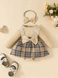 Baby Gilrs Long Sleeve Autumn/Winter Plaid With Bow Honey Jumpsuit For Newborn-18M Vacation Wear +Headband