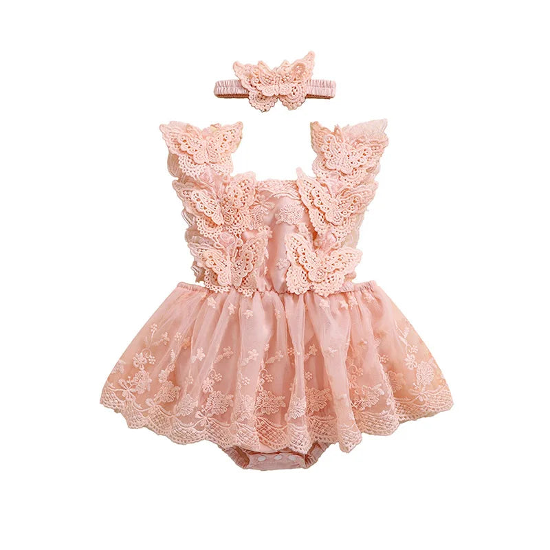 Infant Baby Girls Princess Rompers Dress Lace Butterfly Fly Sleeve Mesh Skirt Hem Jumpsuits with Headband Birthday Party Outfit