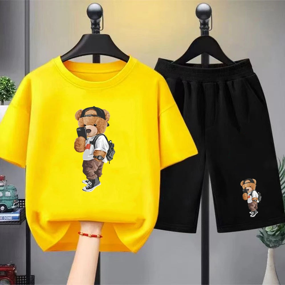 Little bear Print yellow Summer Short Sleeve Children Age 3-12 Girls boy Set white black Tshirt+Shorts 2pcs leisure Kids Set