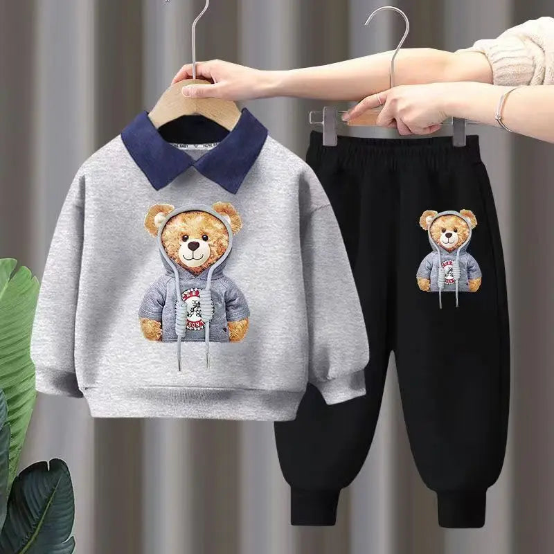 Autumn Kid Girls Clothes Set Children Boy Lapel Cartoon Bear Printed Sweatshirts Pullover Top And Pants Bottom Suit Tracksuits