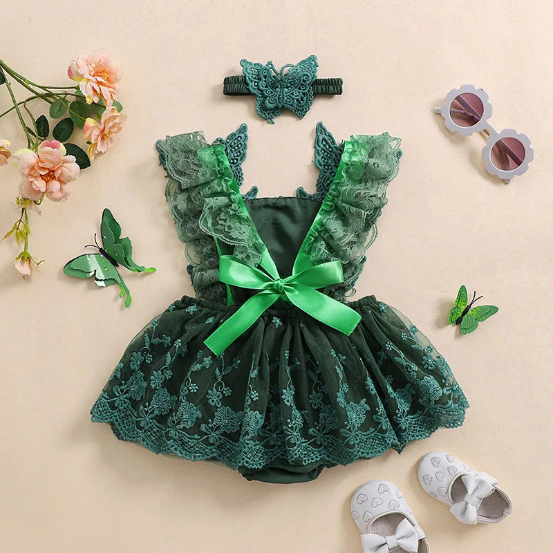 Infant Baby Girls Princess Rompers Dress Lace Butterfly Fly Sleeve Mesh Skirt Hem Jumpsuits with Headband Birthday Party Outfit