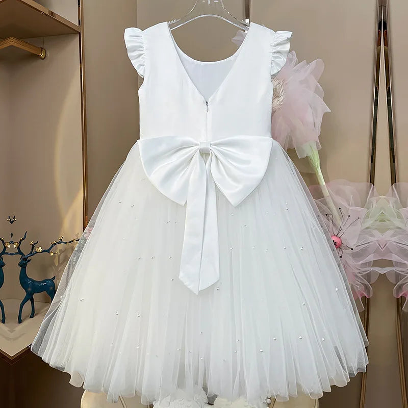 Flower Girl Dresses Birthday Tulle Dress Backless Bow Wedding Gown Kids Party Wear Princess Pink Baby Bowknot Toddler