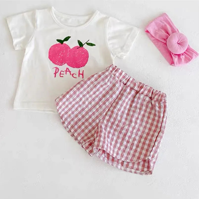 Kidsclick Baby Girl Fruit Print T-Shirt & Plaid Shorts Set – 2 Piece Summer Outfit
