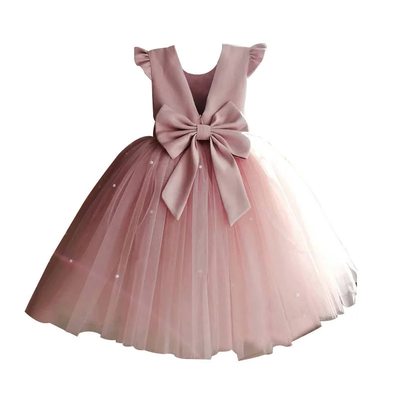 Flower Girl Dresses Birthday Tulle Dress Backless Bow Wedding Gown Kids Party Wear Princess Pink Baby Bowknot Toddler