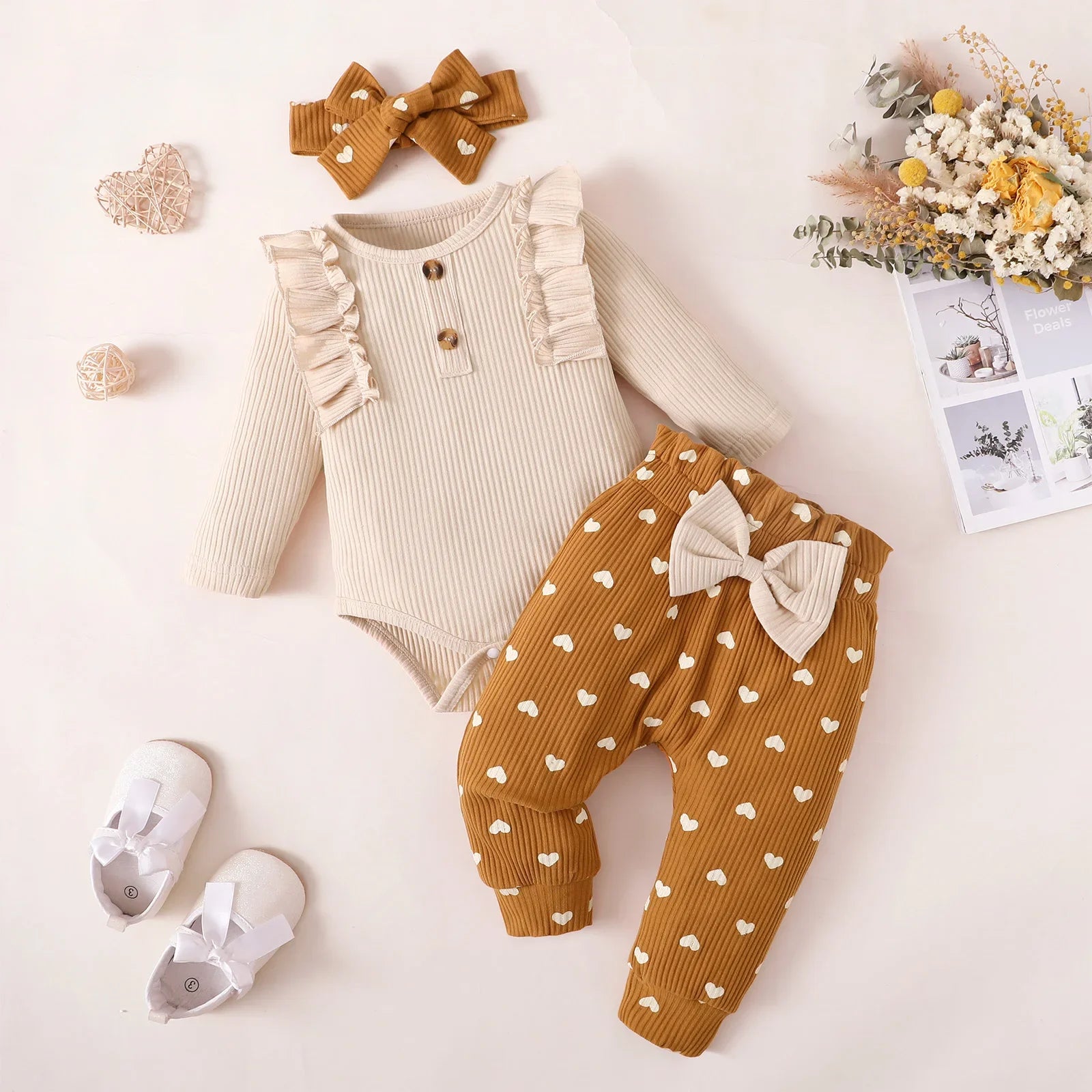 Toddler Newborn Baby Girl Clothes Set Long Sleeve Knitting Top Bodysuit Printed Love Heart Pants Headband Outfit