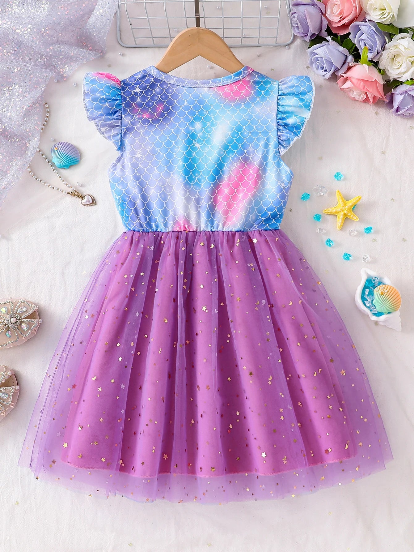 Kidsclick Girls Mermaid Print Summer Dress – Flutter Sleeve Casual Kids Dress