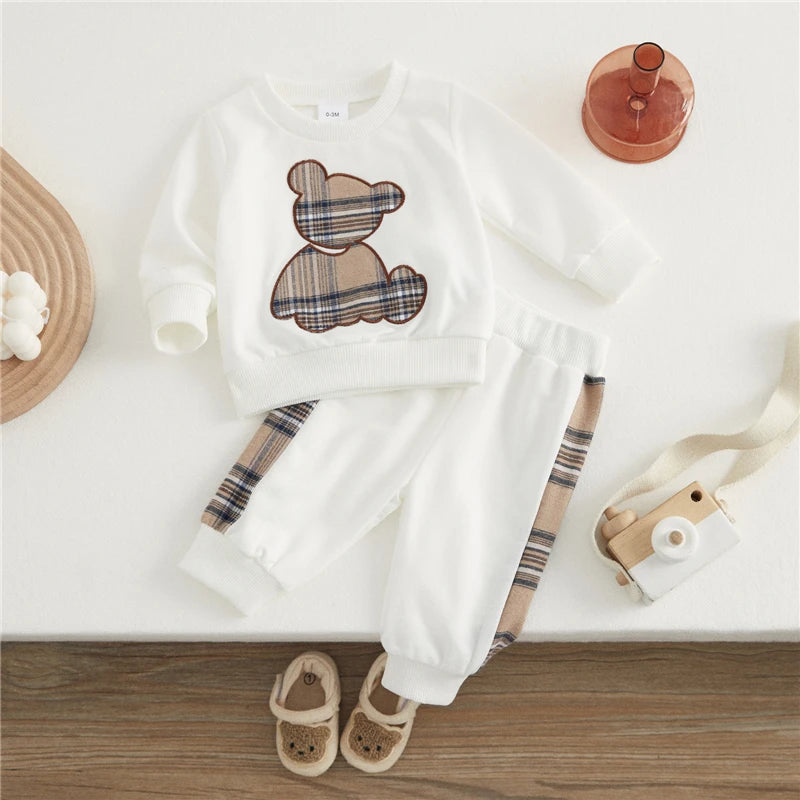 VISgogo Baby Girl Boy Clothes Spring Fall Outfits Long Sleeve Plaid Bear Sweatshirt Tops and Pants 2Pcs Casual Tracksuits