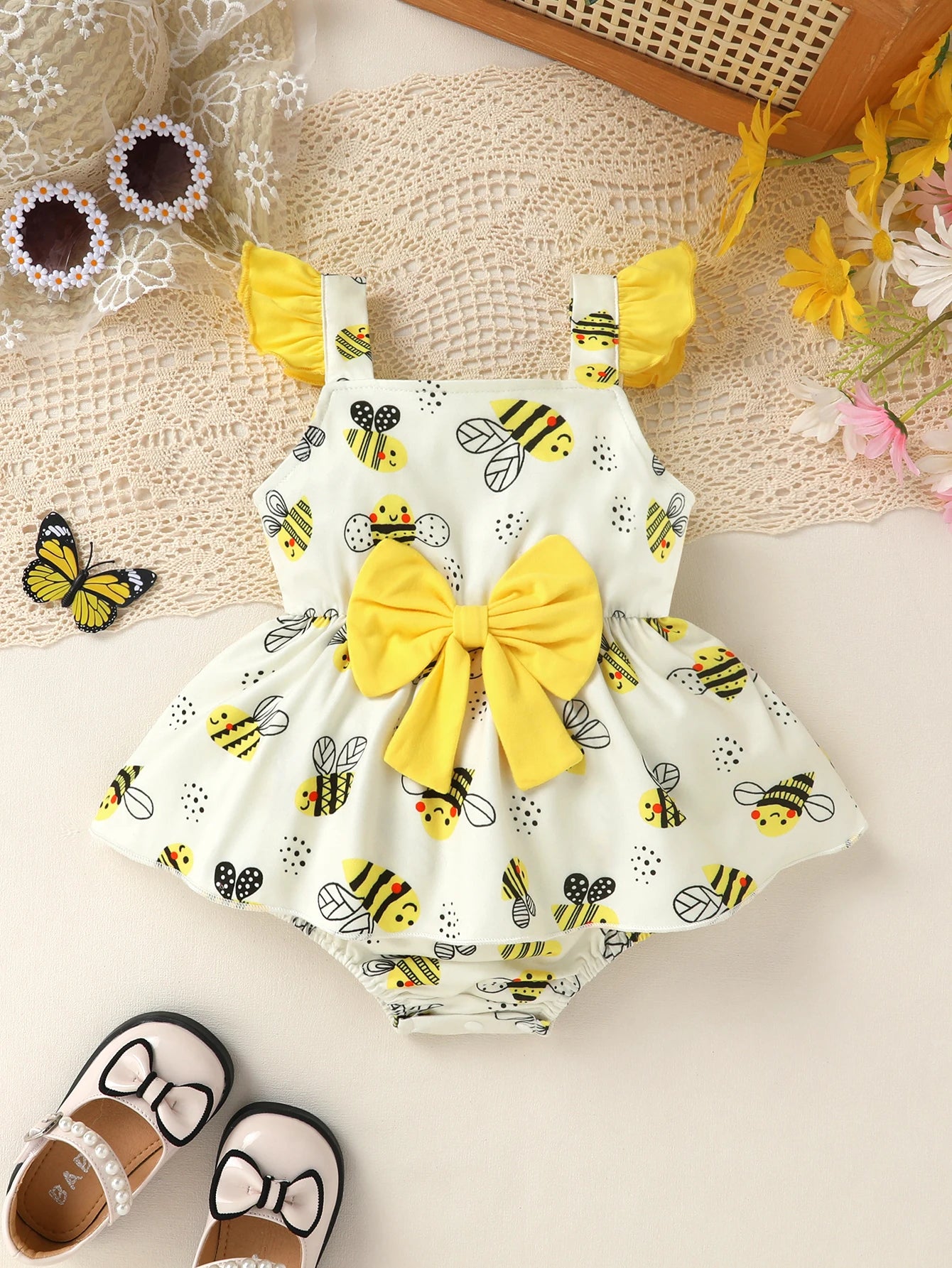Kidsclick Baby Girls Bee Print Summer Romper – Flutter Sleeve Bow Cute Baby Outfit