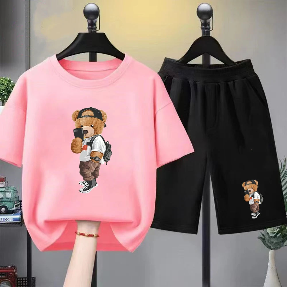 Little bear Print yellow Summer Short Sleeve Children Age 3-12 Girls boy Set white black Tshirt+Shorts 2pcs leisure Kids Set