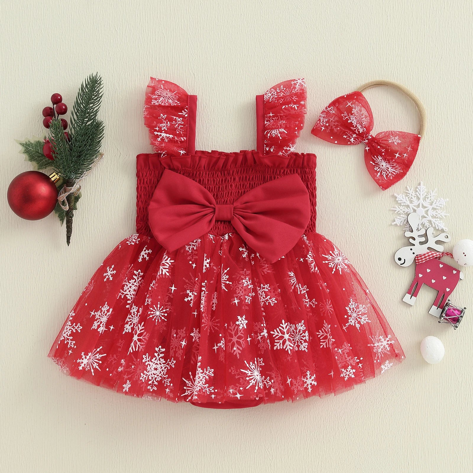 Kidsclick Baby Girls Christmas Romper Dress – Star Print Tulle Sleeveless Baby Outfit with Headband
