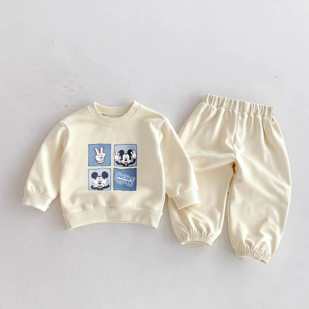 6m-6y Children's Clothes Spring New Mickey Sweatshirts Outfits Cartoon Fashion Solid Color Long Sleeve Tops + Pants 2piece/set