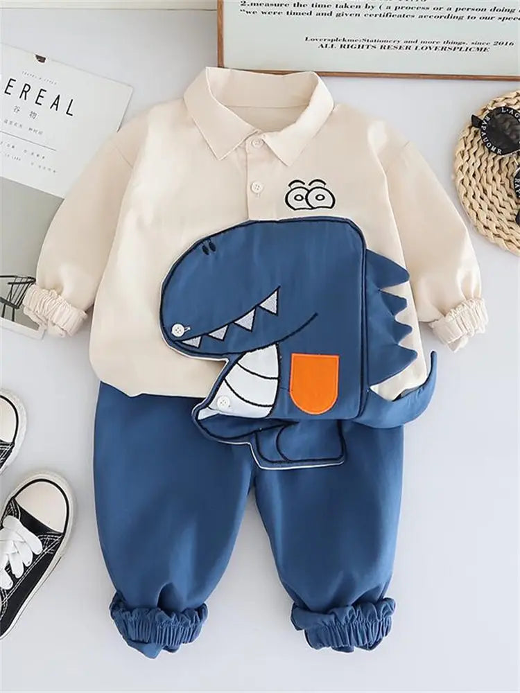 Kidsclick Boys’ Dinosaur Cotton Shirt & Jeans Set – Spring 2-Piece Casual Outfit (Ages 1-5 Years)