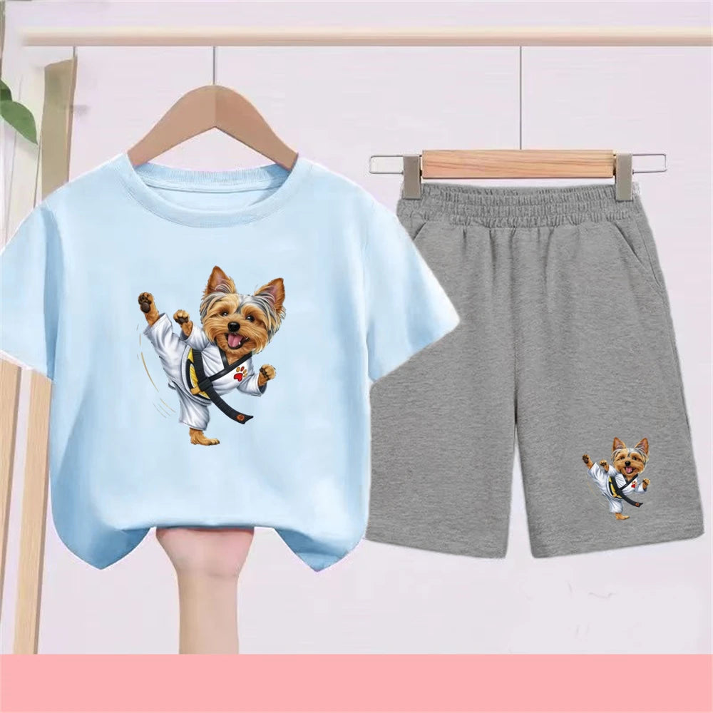 Kidsclick Kids’ Yorkie Dog Cartoon T-Shirt & Shorts Set – Summer 2-Piece Casual Outfit (Boys & Girls)