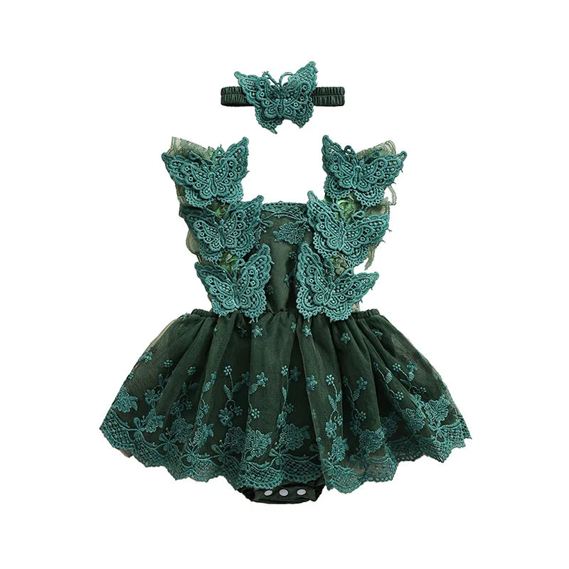 Infant Baby Girls Princess Rompers Dress Lace Butterfly Fly Sleeve Mesh Skirt Hem Jumpsuits with Headband Birthday Party Outfit