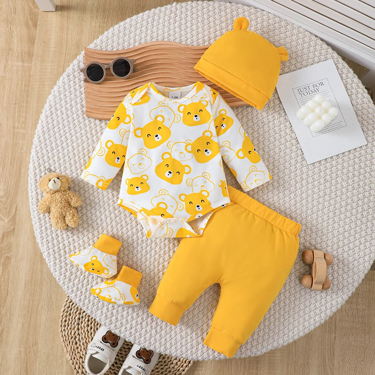 0-9 Months Baby Boy Set Little Bear Long Sleeve Bodysuit+Pants+Hat+Socks 4pcs/Set Baby Spring Autumn clothing Newborn