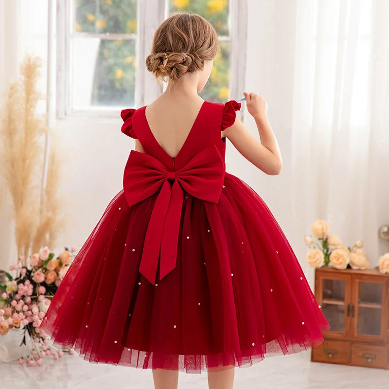 Flower Girl Dresses Birthday Tulle Dress Backless Bow Wedding Gown Kids Party Wear Princess Pink Baby Bowknot Toddler