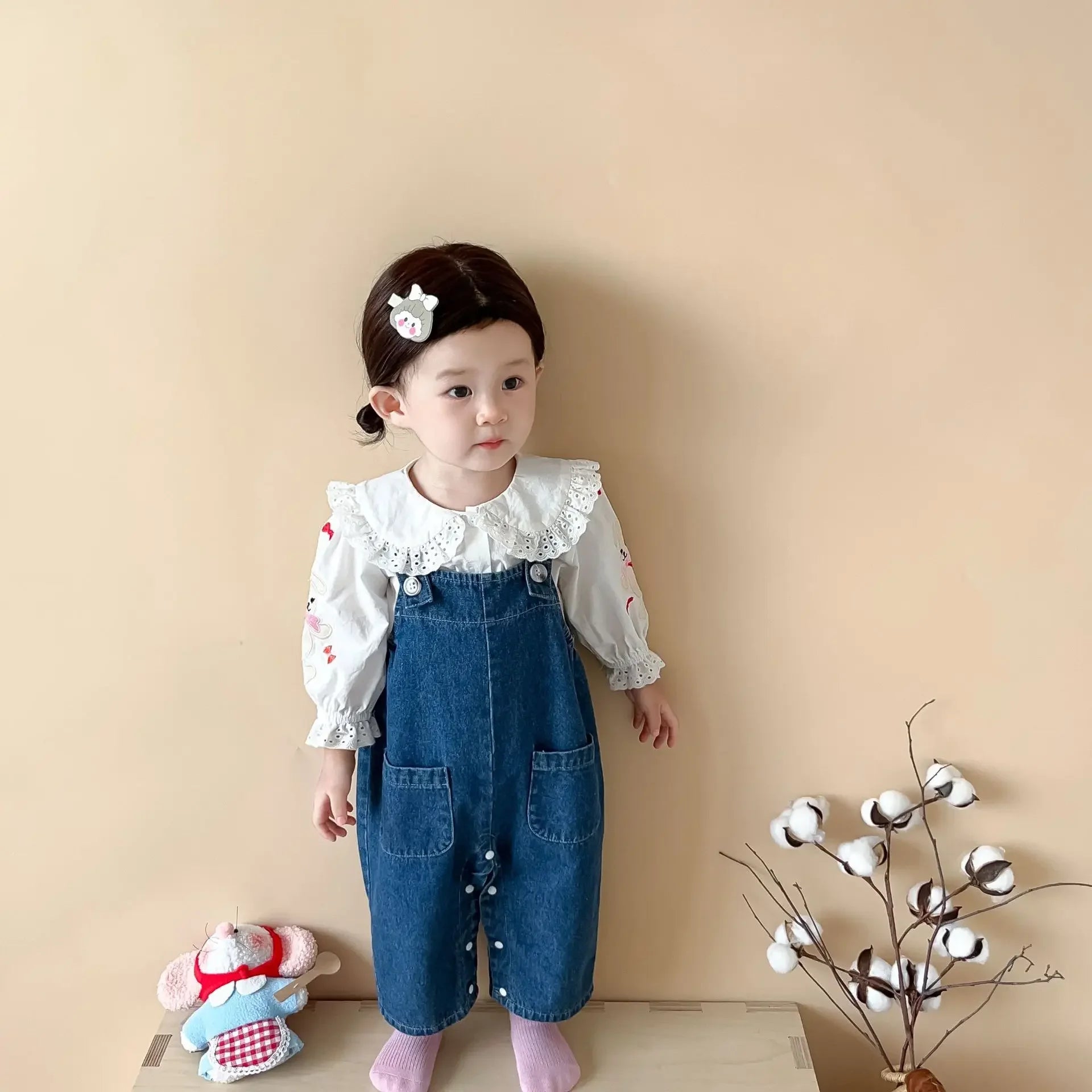 2025 Autumn New Baby Girl Sleeveless Denim Jumpsuit Toddler Girl Cute Rabbit Ear Overalls Infant Romper Kids Clothes 0-24M